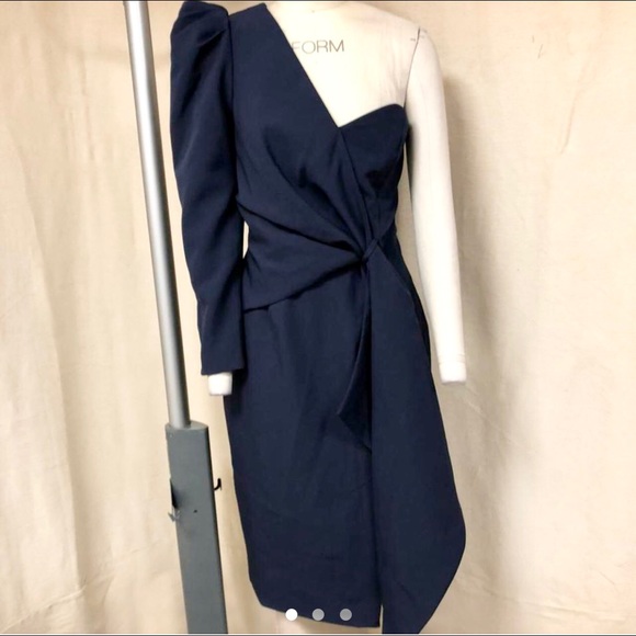 lavish alice puff sleeve asymmetric midi dress in navy - Picture 4 of 6